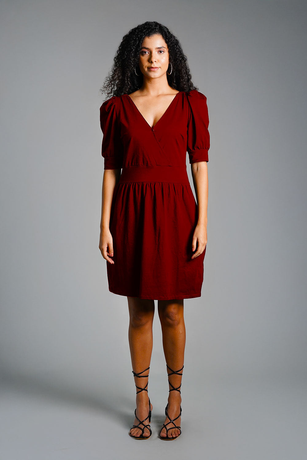 Puff Sleeve Maroon Cotton Jersey Surplice Dress