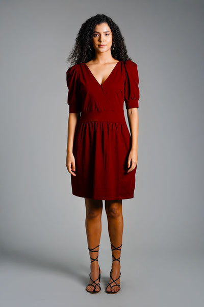Puff Sleeve Maroon Cotton Jersey Surplice Dress