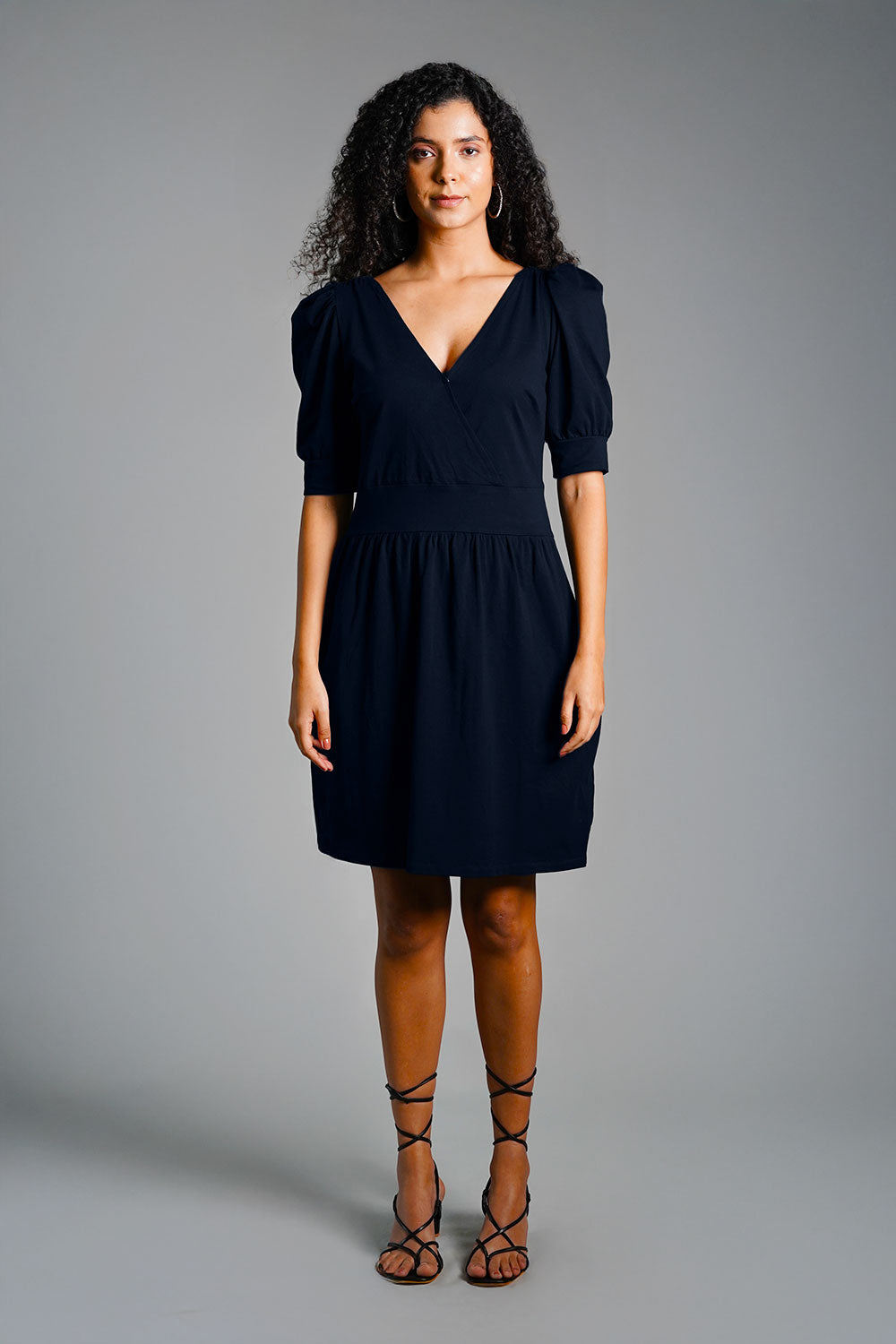 Puff Sleeve Navy Cotton Jersey Surplice Dress
