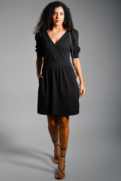 Puff Sleeve Black Cotton Jersey Surplice Dress