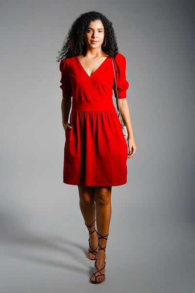 Puff Sleeve Red Cotton Jersey Surplice Dress