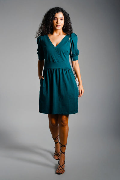 Puff Sleeve Teal Cotton Jersey Surplice Dress