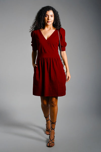 Puff Sleeve Maroon Cotton Jersey Surplice Dress