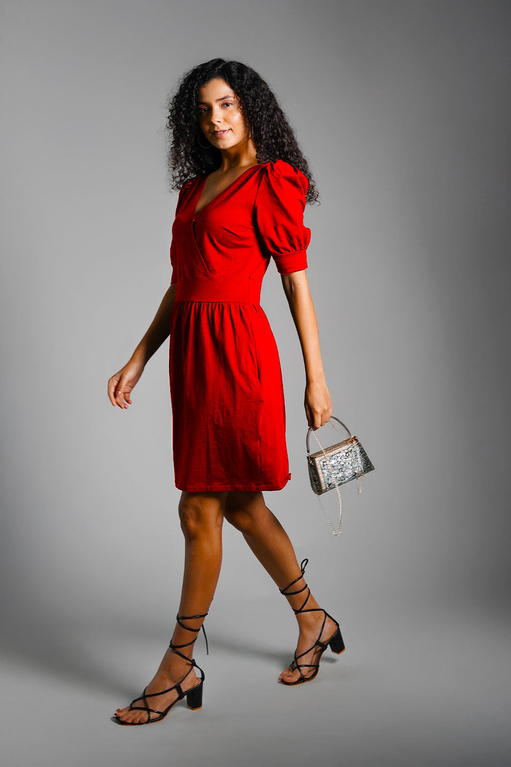 Puff Sleeve Red Cotton Jersey Surplice Dress