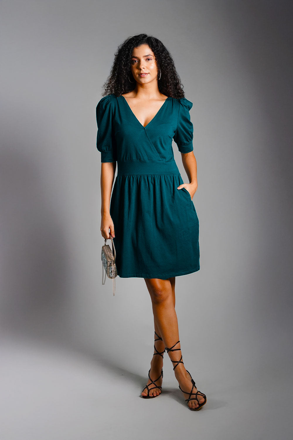 Puff Sleeve Teal Cotton Jersey Surplice Dress
