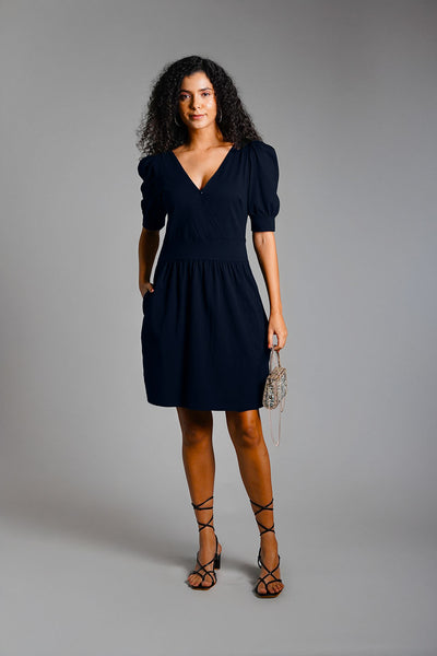 Puff Sleeve Navy Cotton Jersey Surplice Dress
