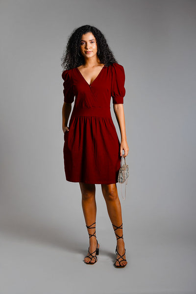 Puff Sleeve Maroon Cotton Jersey Surplice Dress