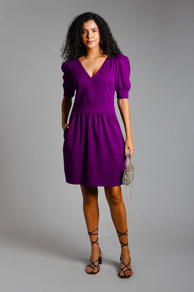 Puff Sleeve Purple Cotton Jersey Surplice Dress