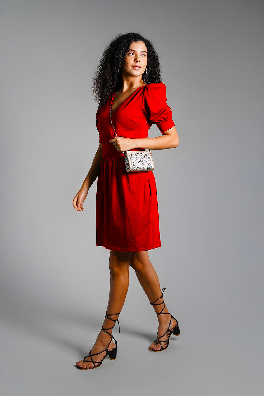 Puff Sleeve Red Cotton Jersey Surplice Dress