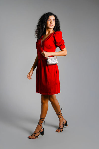 Puff Sleeve Red Cotton Jersey Surplice Dress