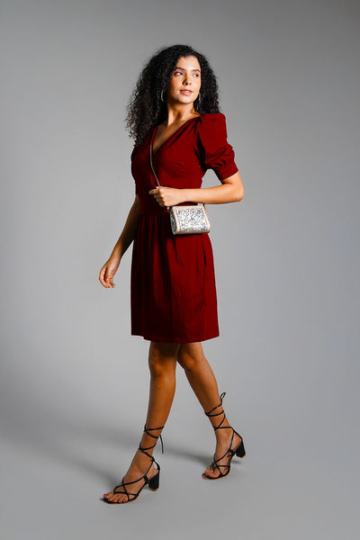 Puff Sleeve Maroon Cotton Jersey Surplice Dress
