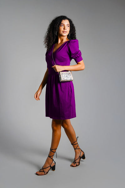 Puff Sleeve Purple Cotton Jersey Surplice Dress