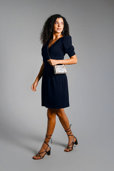 Puff Sleeve Navy Cotton Jersey Surplice Dress