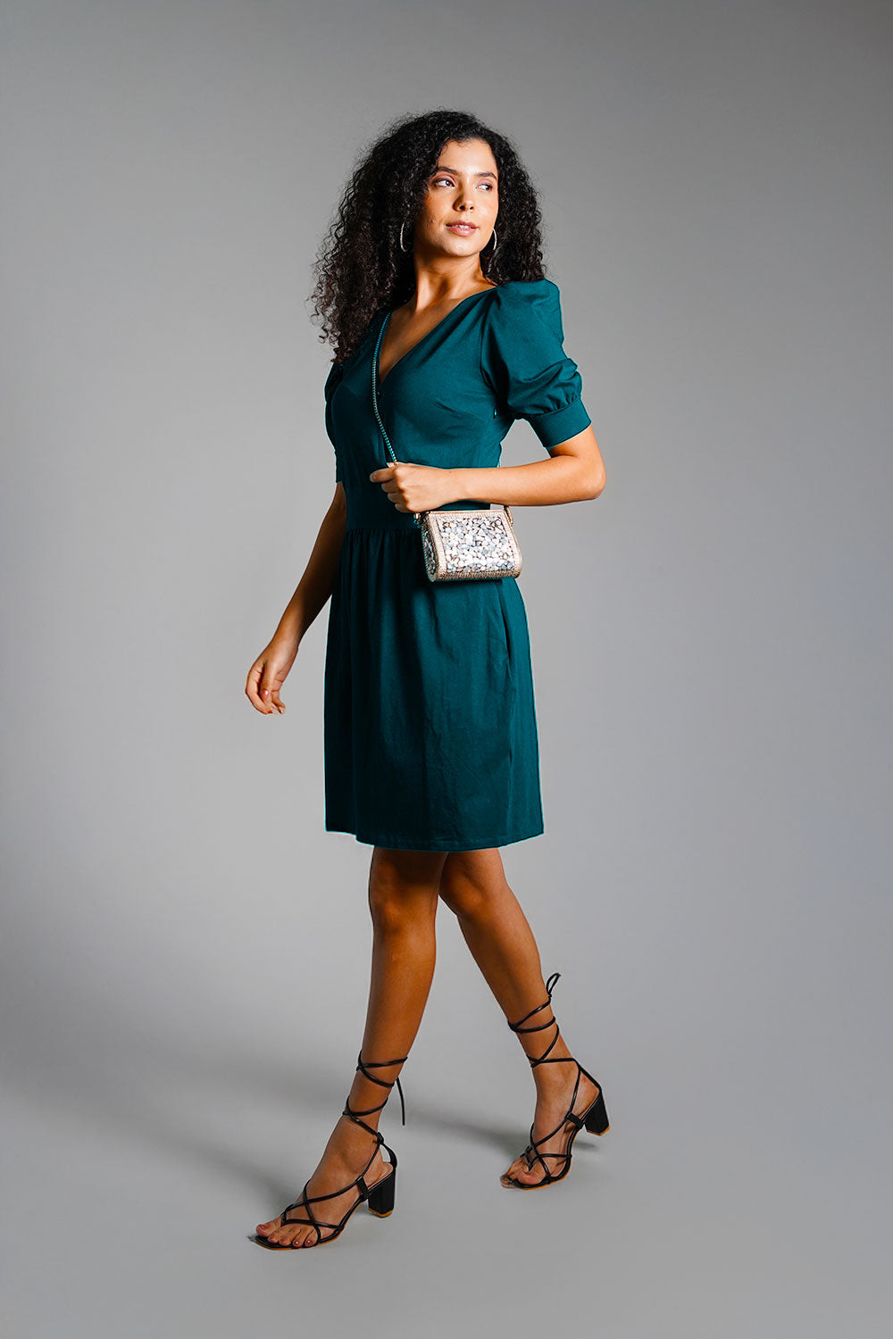 Puff Sleeve Teal Cotton Jersey Surplice Dress