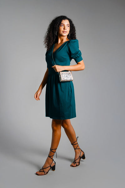 Puff Sleeve Teal Cotton Jersey Surplice Dress
