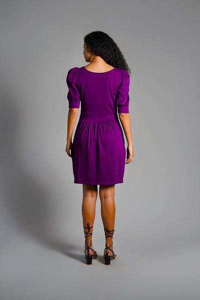 Puff Sleeve Purple Cotton Jersey Surplice Dress