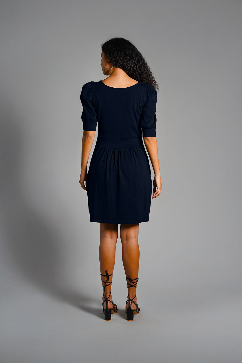 Puff Sleeve Navy Cotton Jersey Surplice Dress