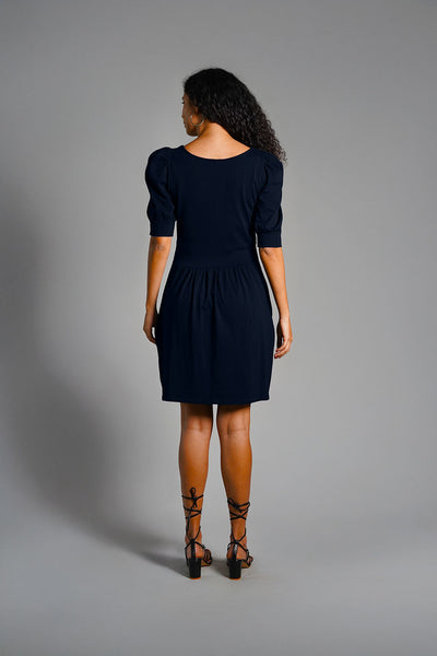 Puff Sleeve Navy Cotton Jersey Surplice Dress