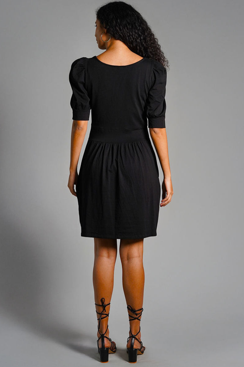 Puff Sleeve Black Cotton Jersey Surplice Dress