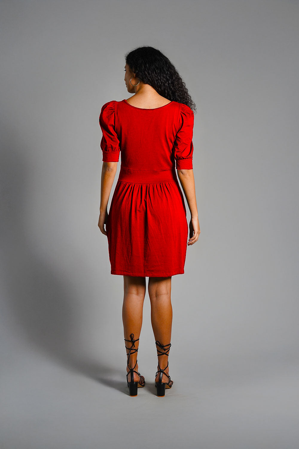 Puff Sleeve Red Cotton Jersey Surplice Dress