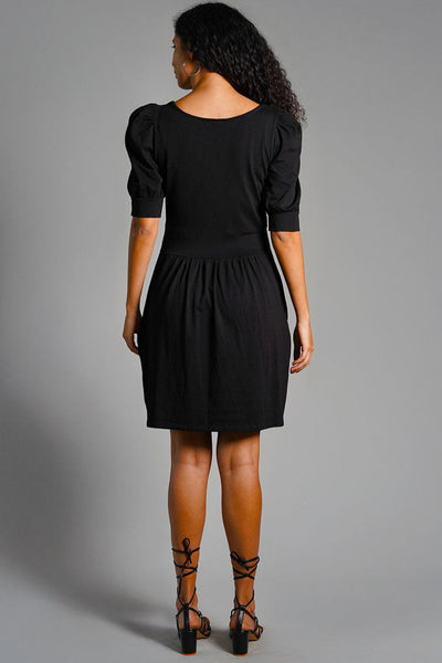 Puff Sleeve Black Cotton Jersey Surplice Dress