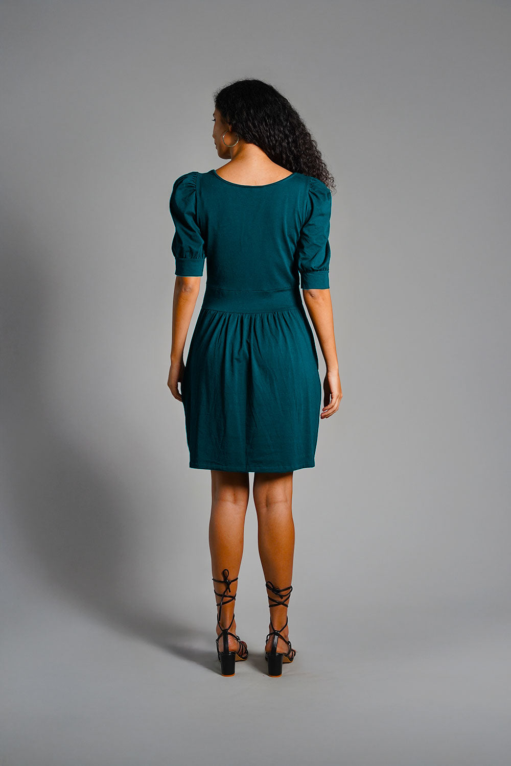 Puff Sleeve Teal Cotton Jersey Surplice Dress