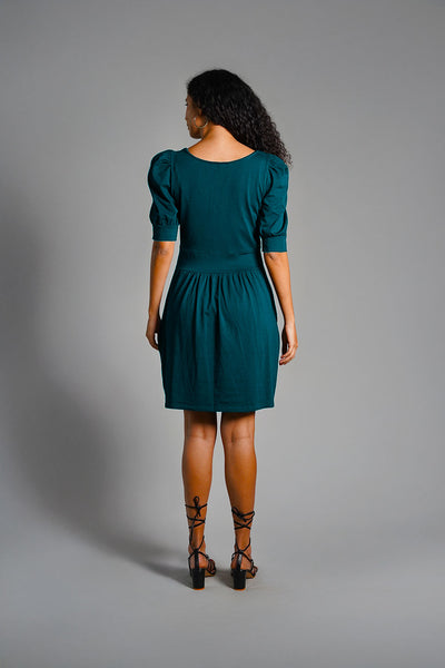 Puff Sleeve Teal Cotton Jersey Surplice Dress