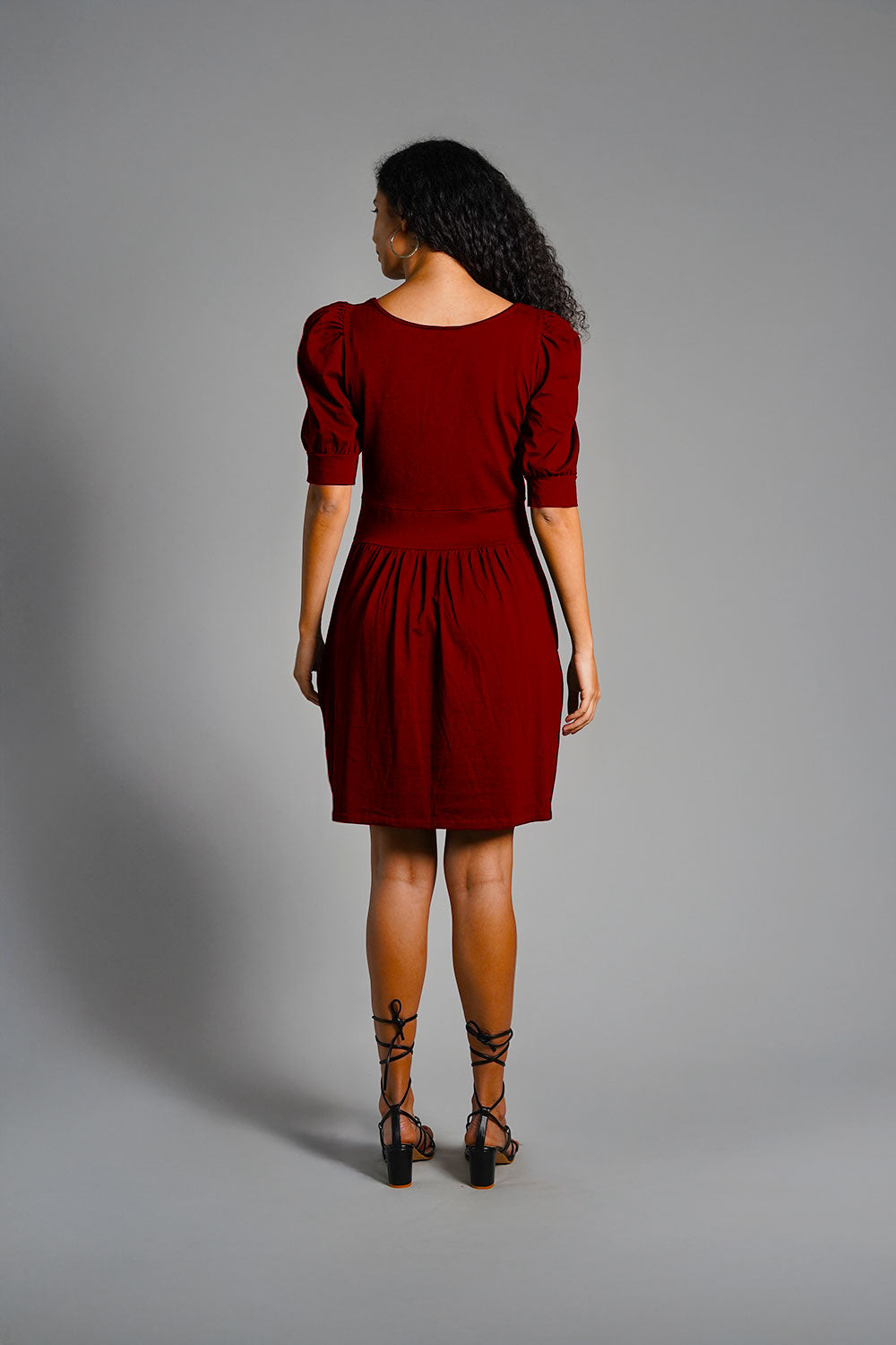 Puff Sleeve Maroon Cotton Jersey Surplice Dress