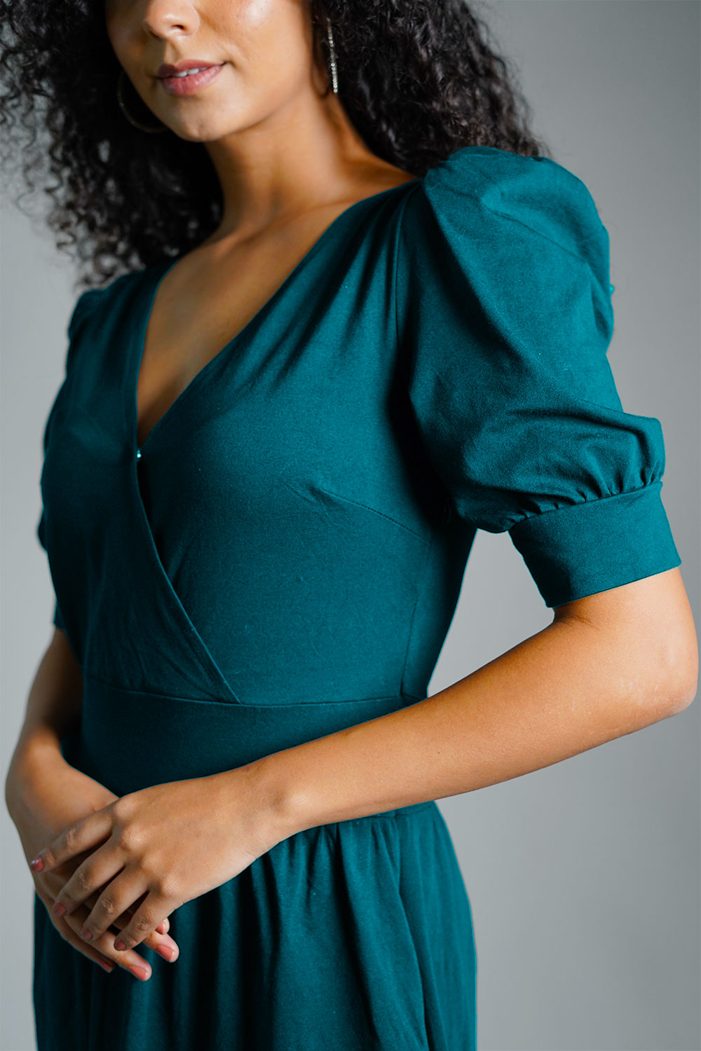 Puff Sleeve Teal Cotton Jersey Surplice Dress