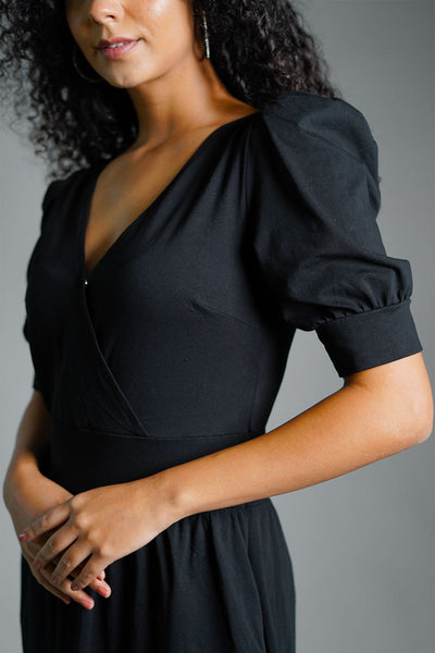 Puff Sleeve Black Cotton Jersey Surplice Dress