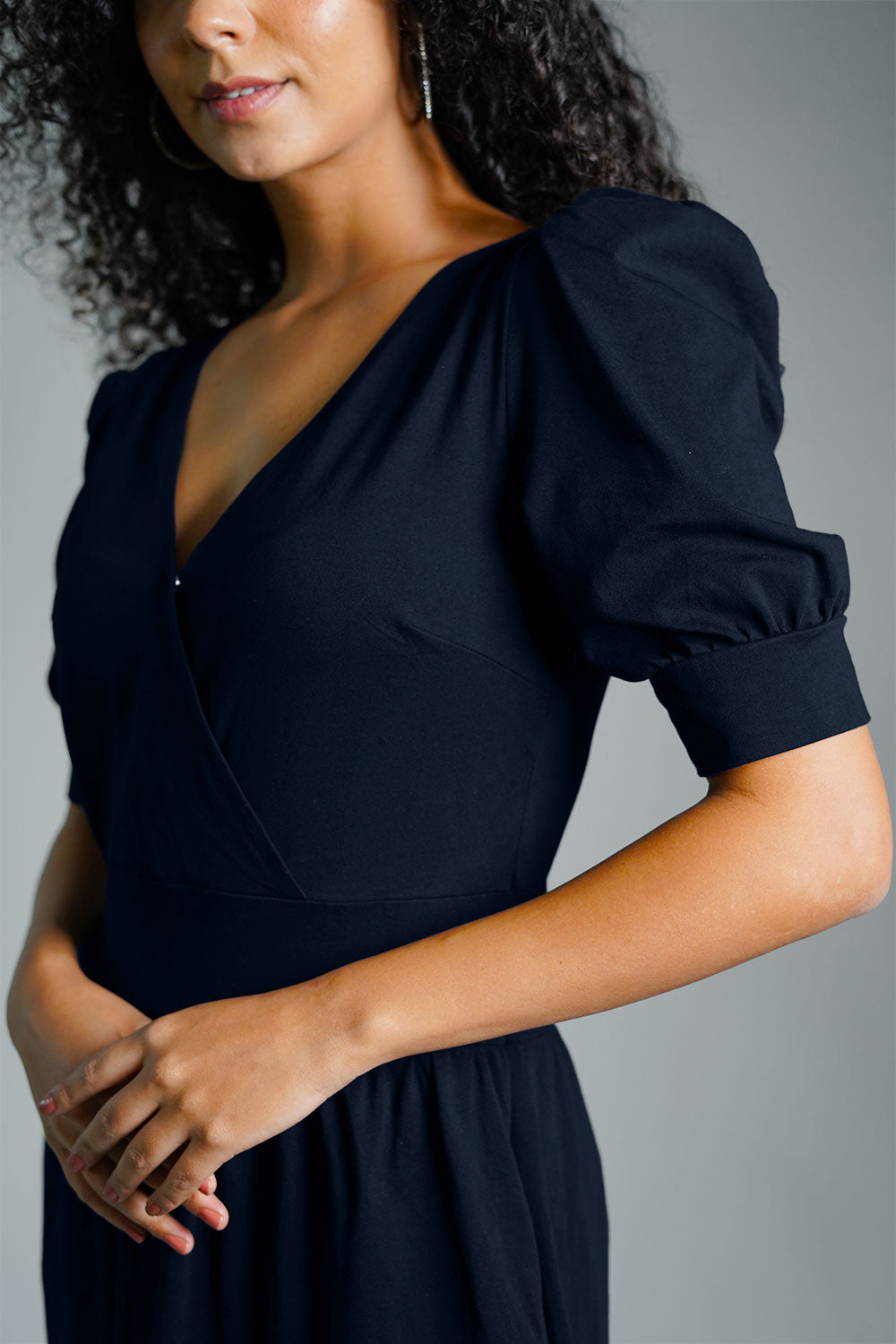 Puff Sleeve Navy Cotton Jersey Surplice Dress