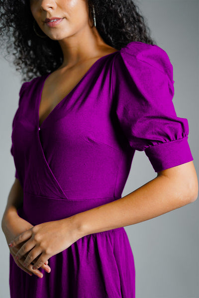 Puff Sleeve Purple Cotton Jersey Surplice Dress