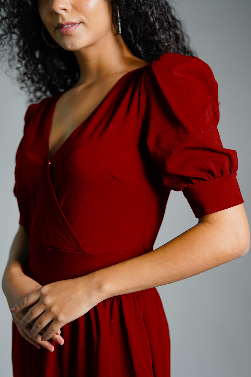 Puff Sleeve Maroon Cotton Jersey Surplice Dress