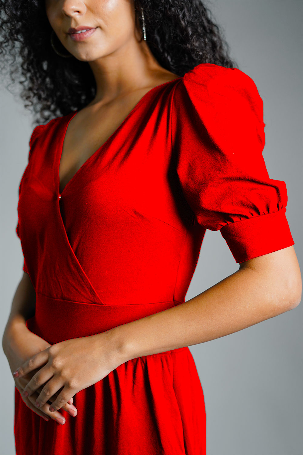 Puff Sleeve Red Cotton Jersey Surplice Dress