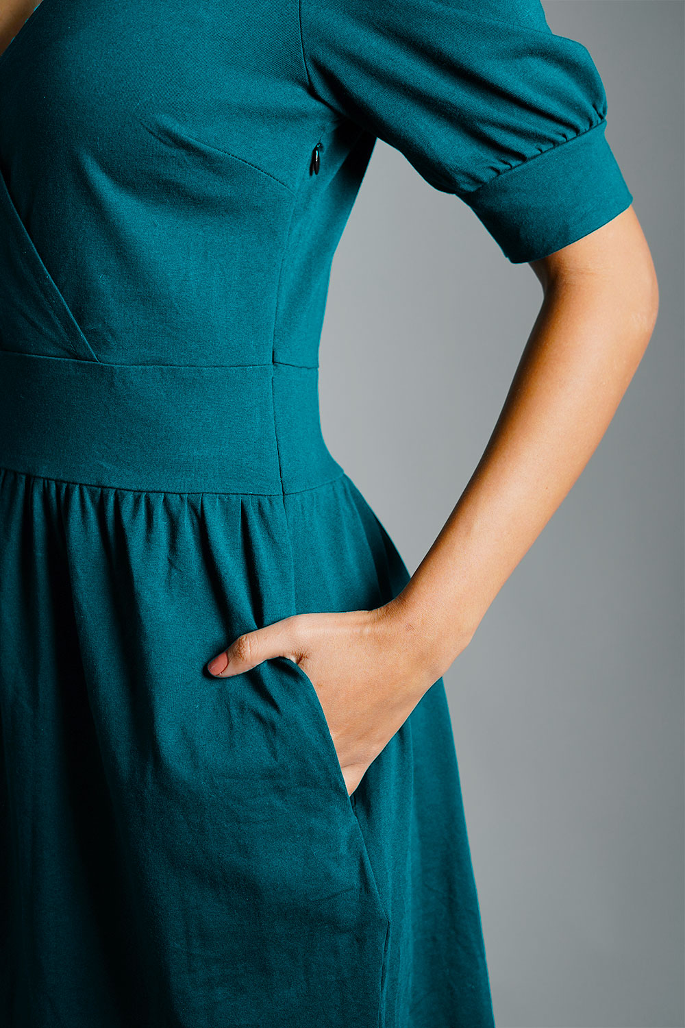 Puff Sleeve Teal Cotton Jersey Surplice Dress