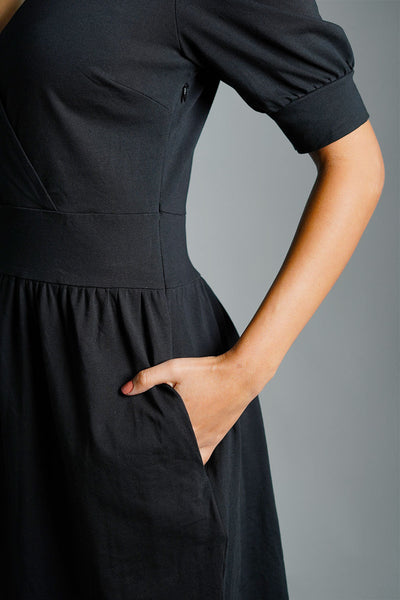 Puff Sleeve Black Cotton Jersey Surplice Dress