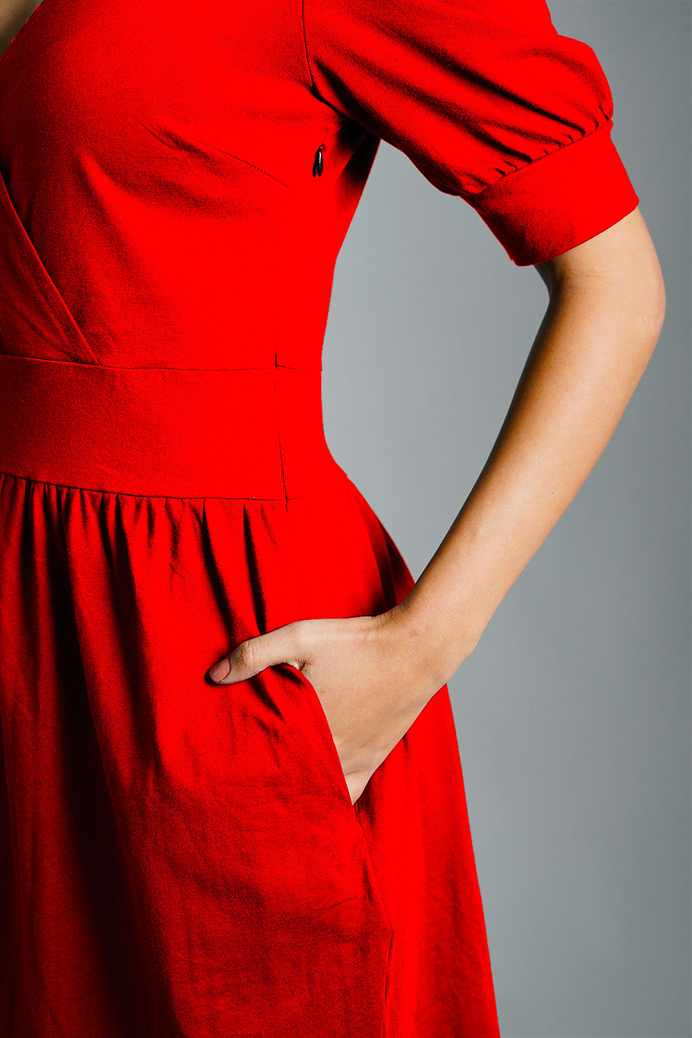 Puff Sleeve Red Cotton Jersey Surplice Dress