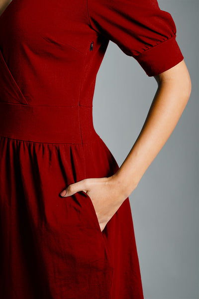 Puff Sleeve Maroon Cotton Jersey Surplice Dress