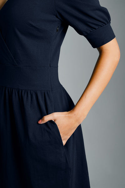 Puff Sleeve Navy Cotton Jersey Surplice Dress