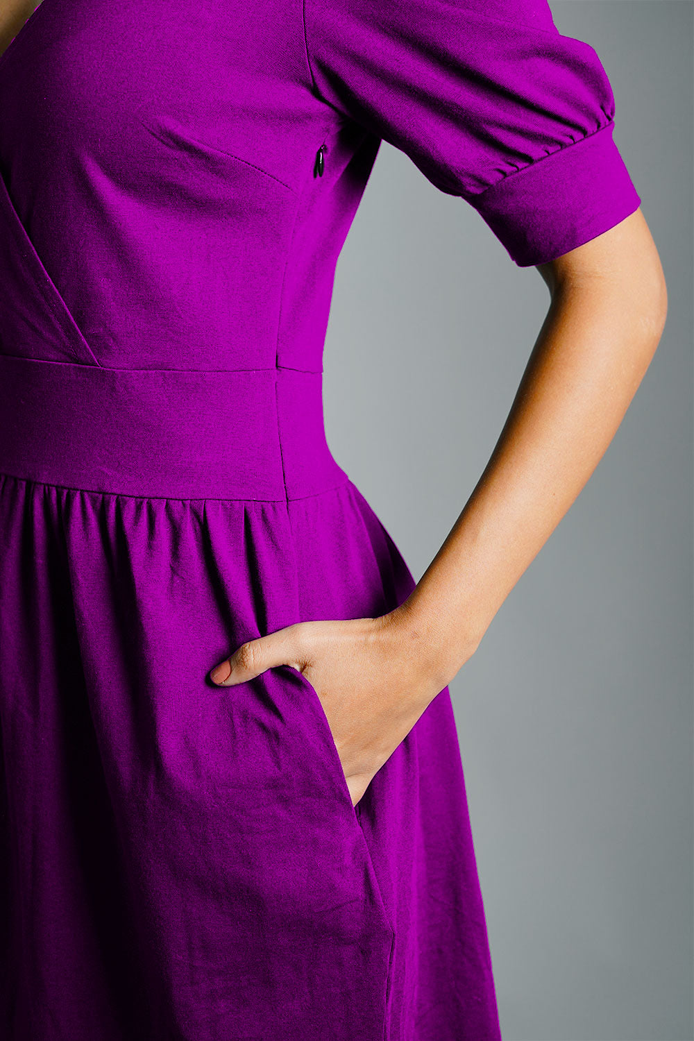 Puff Sleeve Purple Cotton Jersey Surplice Dress