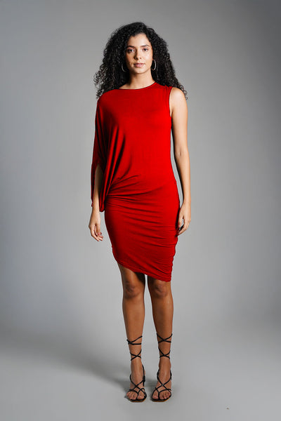 Asymmetric Hem Red Jersey Knit Dress