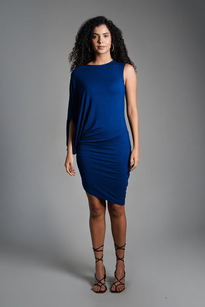 Asymmetric Hem Blue Jersey Knit Dress