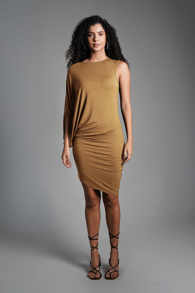 Asymmetric Hem Beige Jersey Knit Dress