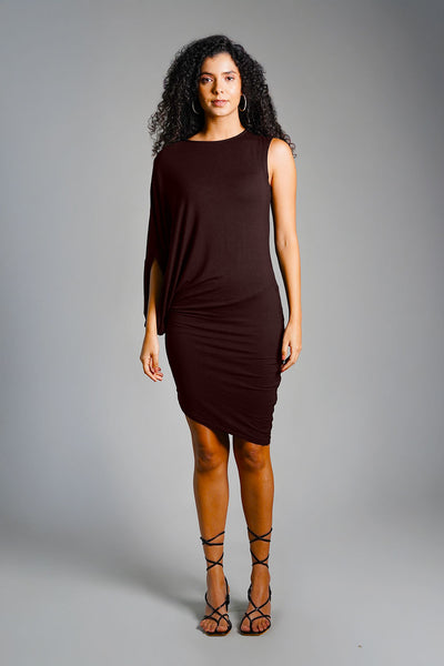 Asymmetric Hem Brown Jersey Knit Dress