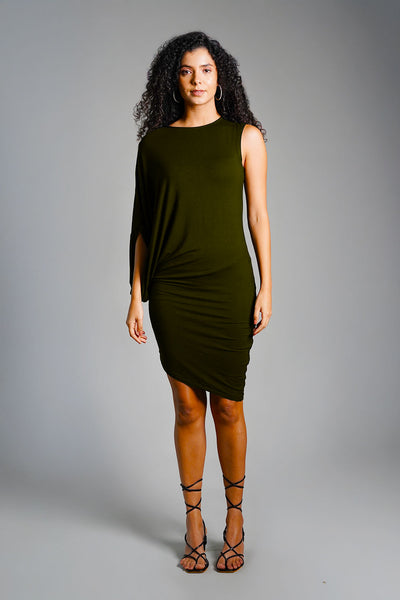 Asymmetric Hem Forest Green Jersey Knit Dress