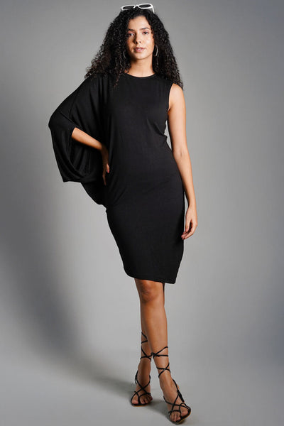 Asymmetric Hem Black Jersey Knit Dress