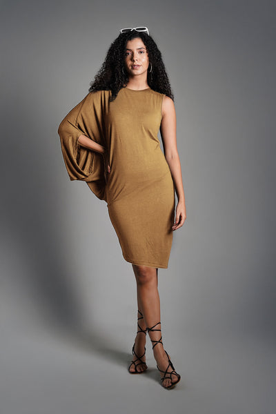 Asymmetric Hem Beige Jersey Knit Dress