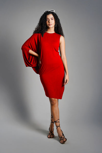 Asymmetric Hem Red Jersey Knit Dress
