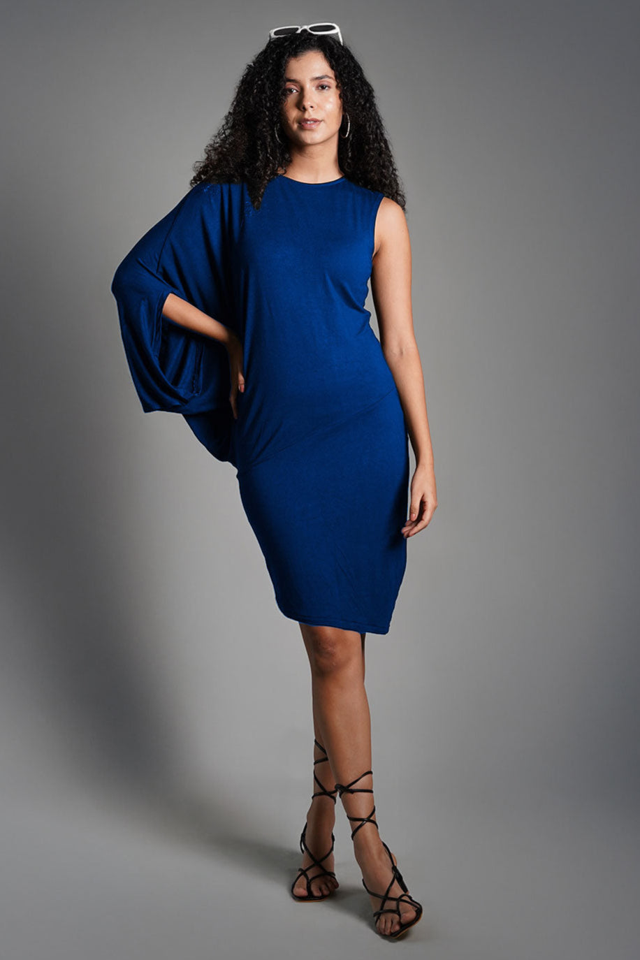 Asymmetric Hem Blue Jersey Knit Dress