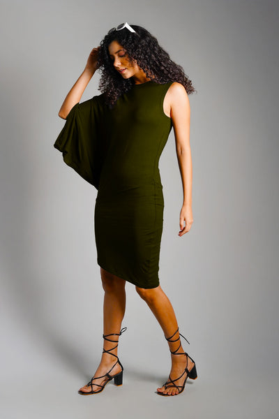 Asymmetric Hem Forest Green Jersey Knit Dress